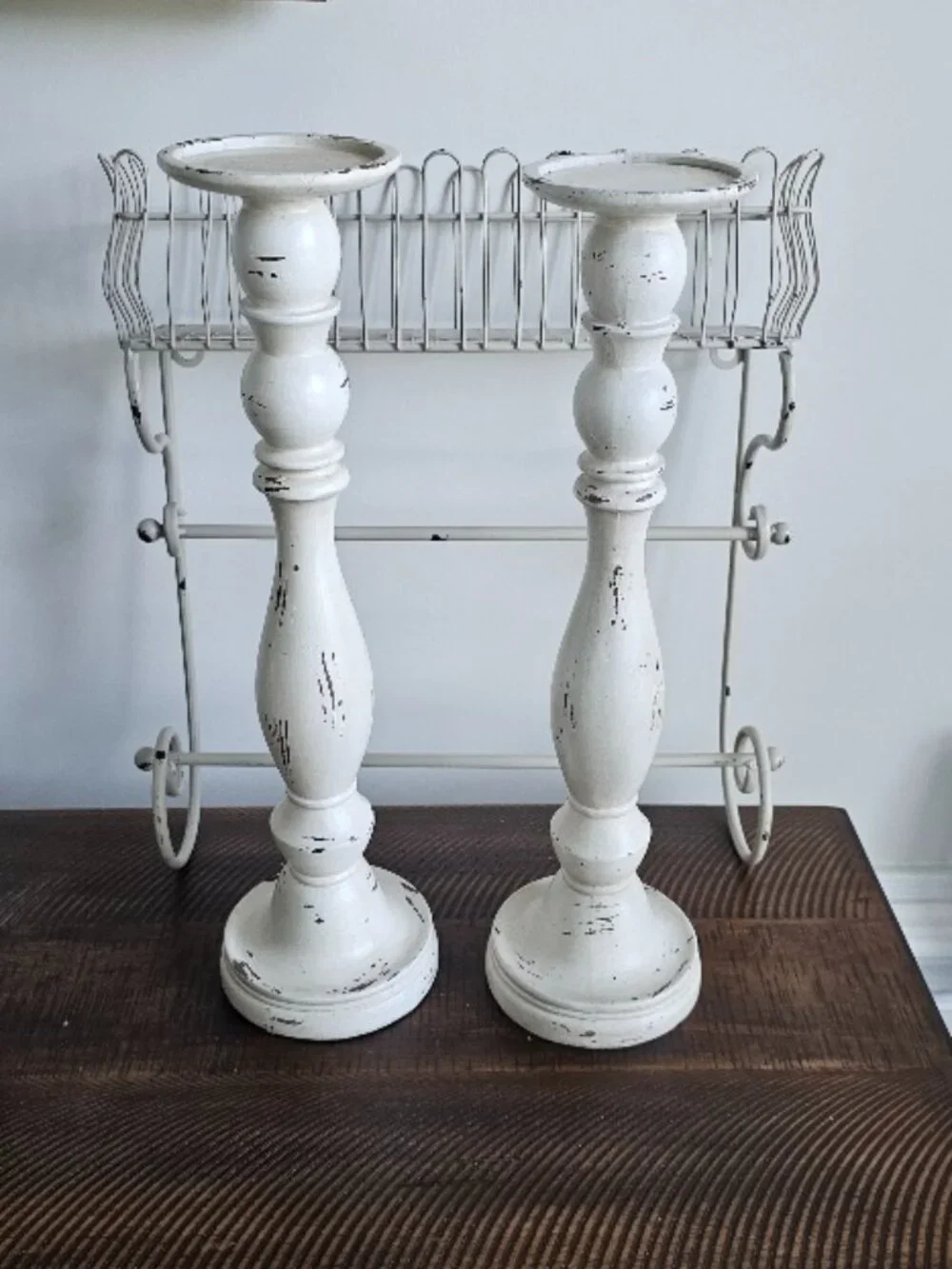 3 Pcs: 2 Distressed Weathered Wood Pillar Candle Holders, Shelf Wall Rack Towel